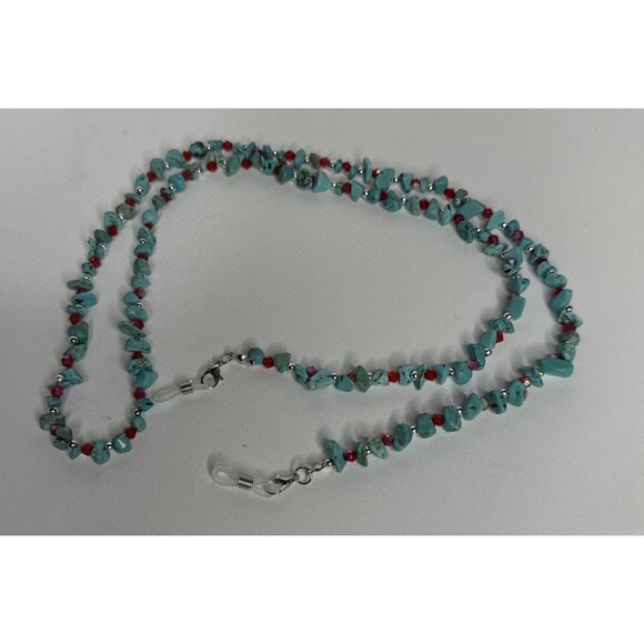 Eyeglass Chain 32" Turquoise Chips 4MM Red Glass Bicone Beads Handmade - Picture 1 of 7